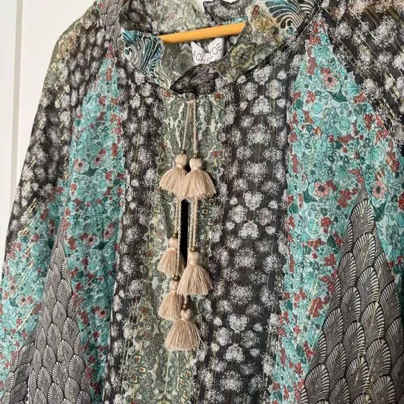 Rachel Zoe Lexi Peasant Top Sz 2 Stripe Print Long Sleeve Tassels Flowy Boho